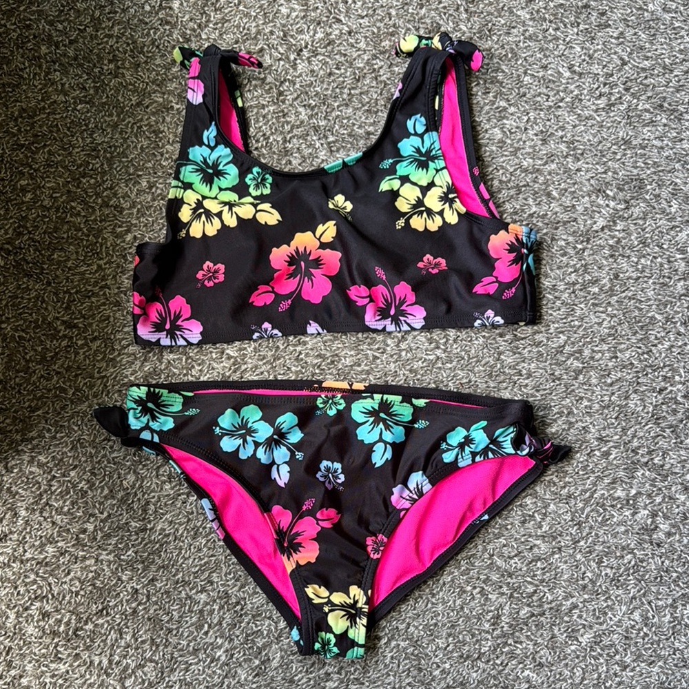 Wonder Nation Floral Kids Swim Set - Black with Multicolor Flowers